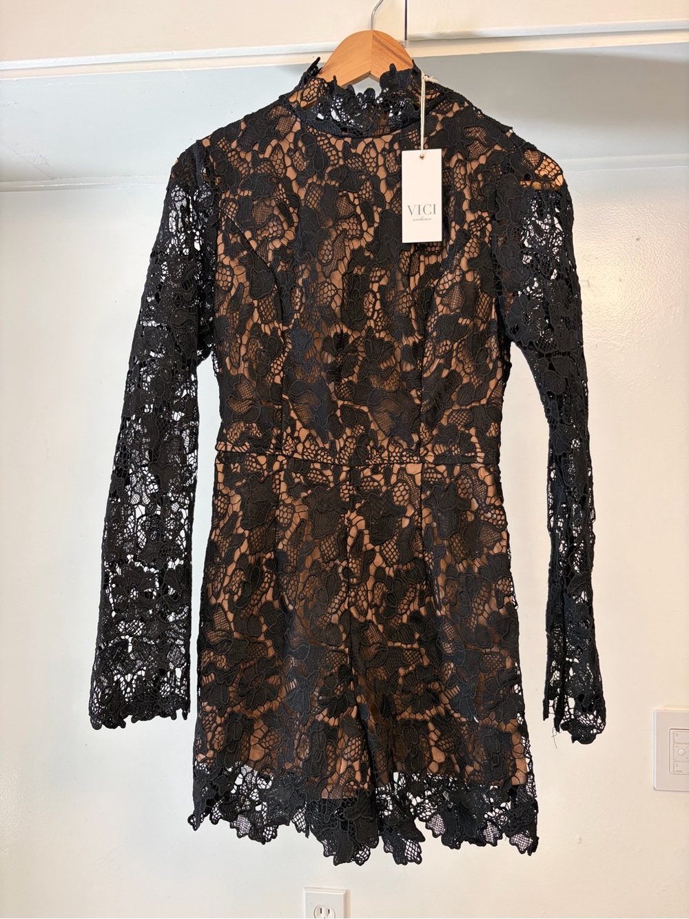 Vici Black Lace Long Sleeve Floral Romper with Nude Lining
